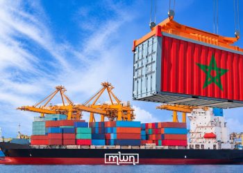 A graphic featuring a shipping container bearing the Moroccan flag at a commercial port, by MWN Design Team.