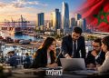 A graphic illustrating Morocco’s economic development, featuring its port infrastructure, industrial sector, business professionals, and national flag, by MWN Design Team.