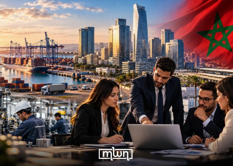 A graphic illustrating Morocco’s economic development, featuring its port infrastructure, industrial sector, business professionals, and national flag, by MWN Design Team.