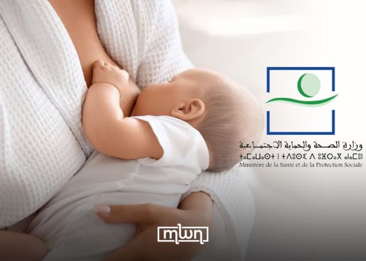 A graphic featuring a mother breastfeeding her baby alongside Morocco’s Ministry of Health and Social Protection logo, highlighting the promotion of breastfeeding, by MWN Design Team.