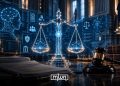 A graphic illustrating the intersection of artificial intelligence and the justice system, featuring digital technology, legal documents, and scales of justice, by MWN Design Team.