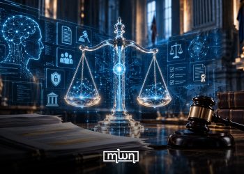A graphic illustrating the intersection of artificial intelligence and the justice system, featuring digital technology, legal documents, and scales of justice, by MWN Design Team.