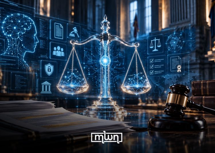 A graphic illustrating the intersection of artificial intelligence and the justice system, featuring digital technology, legal documents, and scales of justice, by MWN Design Team.