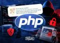 A graphic illustrating cybersecurity risks linked to PHP vulnerabilities, featuring Morocco’s General Directorate of Information Systems Security (DGSSI), a hacker, and warning symbols, by MWN Design Team.