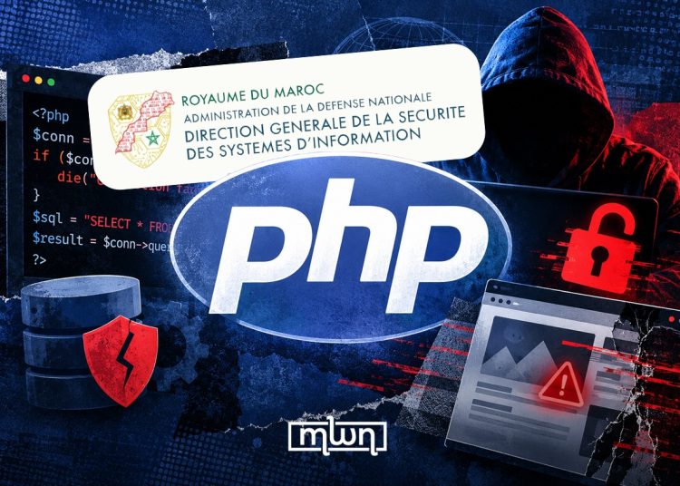 A graphic illustrating cybersecurity risks linked to PHP vulnerabilities, featuring Morocco’s General Directorate of Information Systems Security (DGSSI), a hacker, and warning symbols, by MWN Design Team.