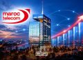 A graphic featuring Maroc Telecom’s headquarters in Rabat, alongside rising charts and digital network connections, by MWN Design Team.