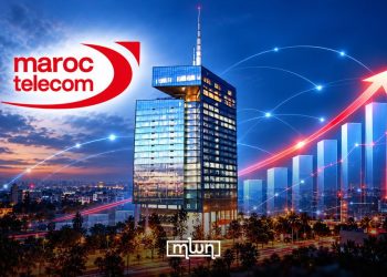 A graphic featuring Maroc Telecom’s headquarters in Rabat, alongside rising charts and digital network connections, by MWN Design Team.