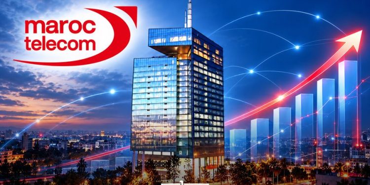 A graphic featuring Maroc Telecom’s headquarters in Rabat, alongside rising charts and digital network connections, by MWN Design Team.