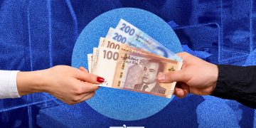 A graphic illustrating the exchange of Moroccan dirhams, featuring 100- and 200-dirham banknotes, by MWN Design Team.