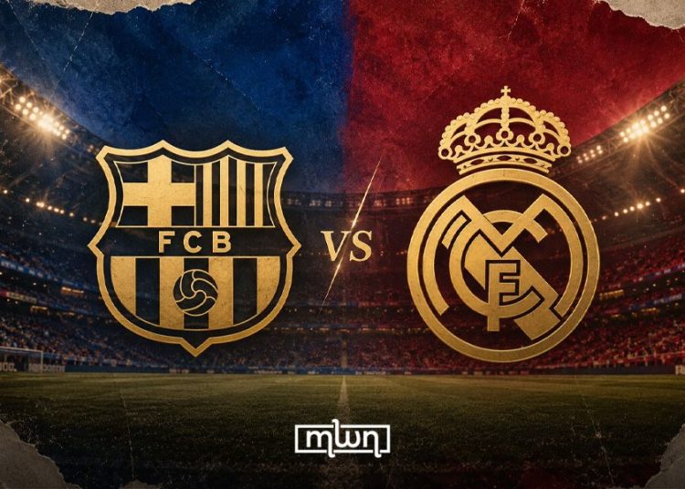 A graphic featuring the logos of FC Barcelona and Real Madrid against a football stadium backdrop, by MWN Design Team.