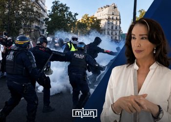 A graphic featuring France Colle alongside scenes of clashes between protesters and police in France, by MWN Design Team.