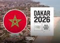 A graphic featuring the Moroccan flag and the Dakar 2026 Youth Olympic Games logo against an aerial view of Dakar, Senegal, by MWN Design Team.