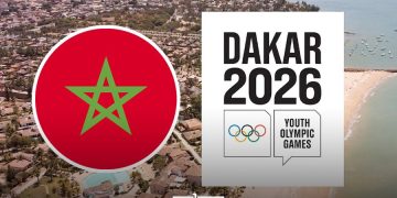 A graphic featuring the Moroccan flag and the Dakar 2026 Youth Olympic Games logo against an aerial view of Dakar, Senegal, by MWN Design Team.
